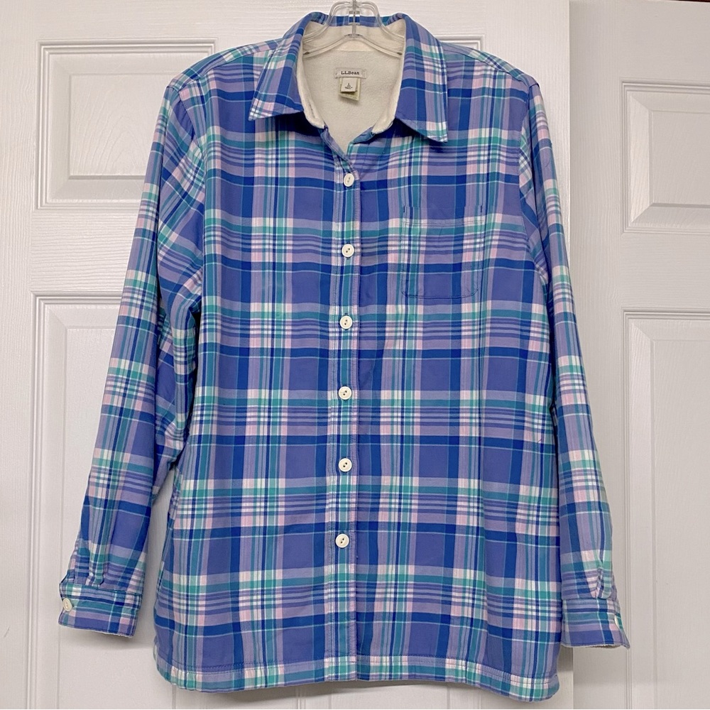 L. L. Bean Fleece Lined Blue Plaid Button Front Shirt Jacket Shacket Sz L
